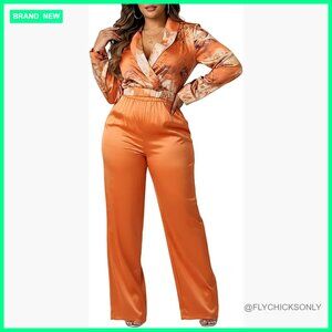 Long Sleeve Satin Crop Top and Wide Leg Pants Set with Pockets